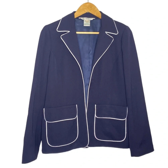 Austin Reed Vintage Navy Blue White Piping 100% Worsted Wool Blazer Women's 6 - Picture 1 of 11